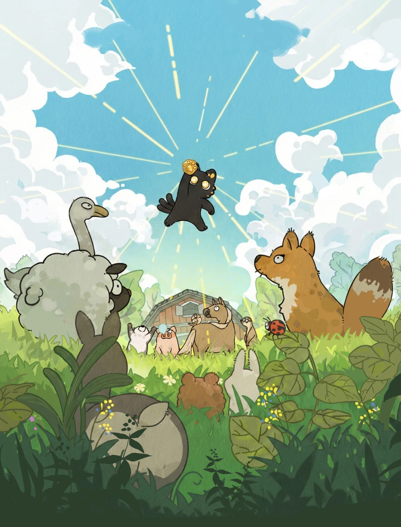 《猫神牧场》中动物们仰望猫神的牧场场景